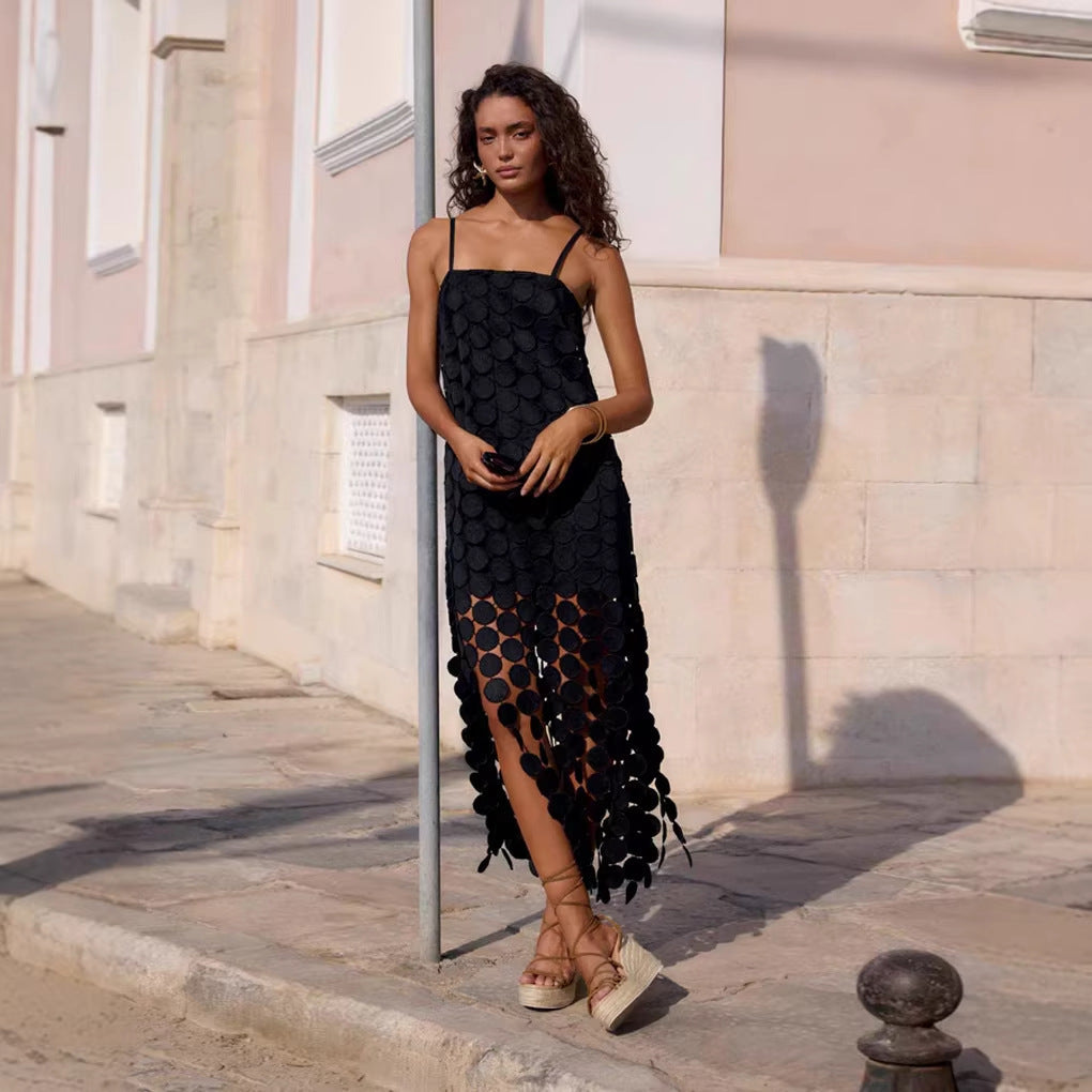 Fashion Hollow-Out Polka Dot Midi Slip Dress - Lightweight Sleeveless Linen-Blend Summer Dress For Women - Black / L