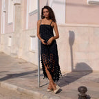 Fashion Hollow-Out Polka Dot Midi Slip Dress - Lightweight Sleeveless Linen-Blend Summer Dress For Women - Black / L