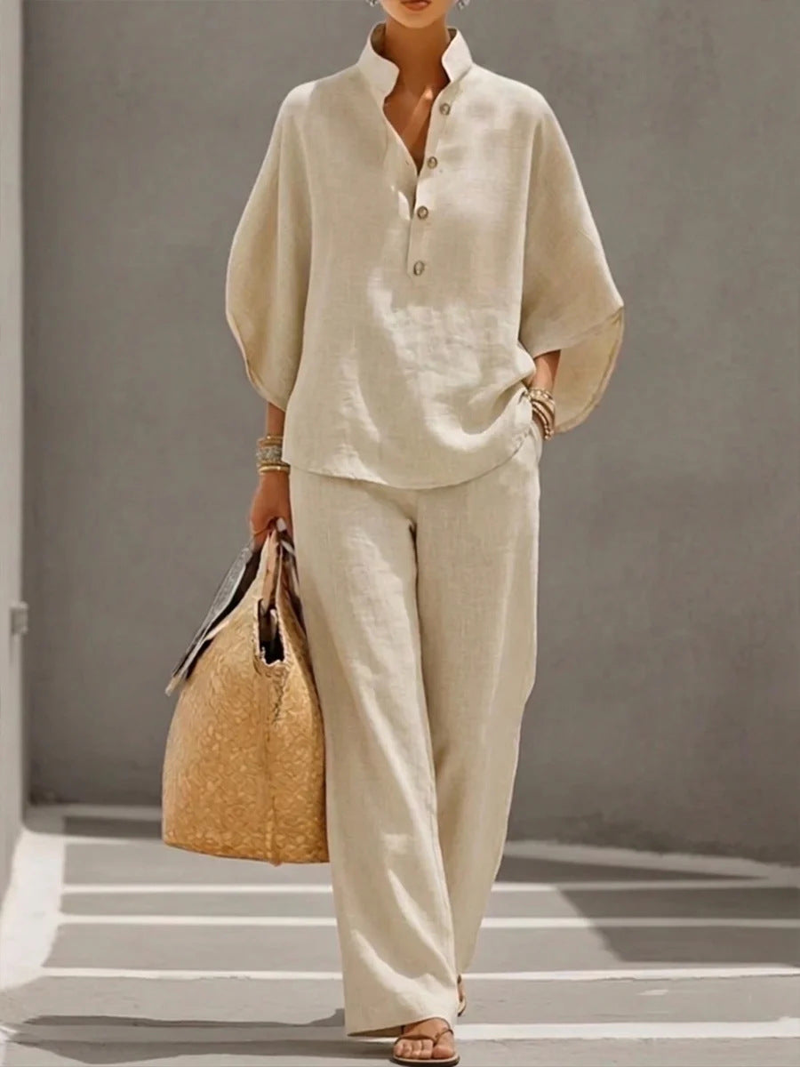 Women’s Short-sleeved Suit Summer Loose Pullover Top And Straight-leg Trousers Outfit Clothing - Khaki / 3XL - Womens