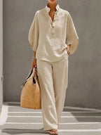 Women’s Short-sleeved Suit Summer Loose Pullover Top And Straight-leg Trousers Outfit Clothing - Khaki / 3XL - Womens