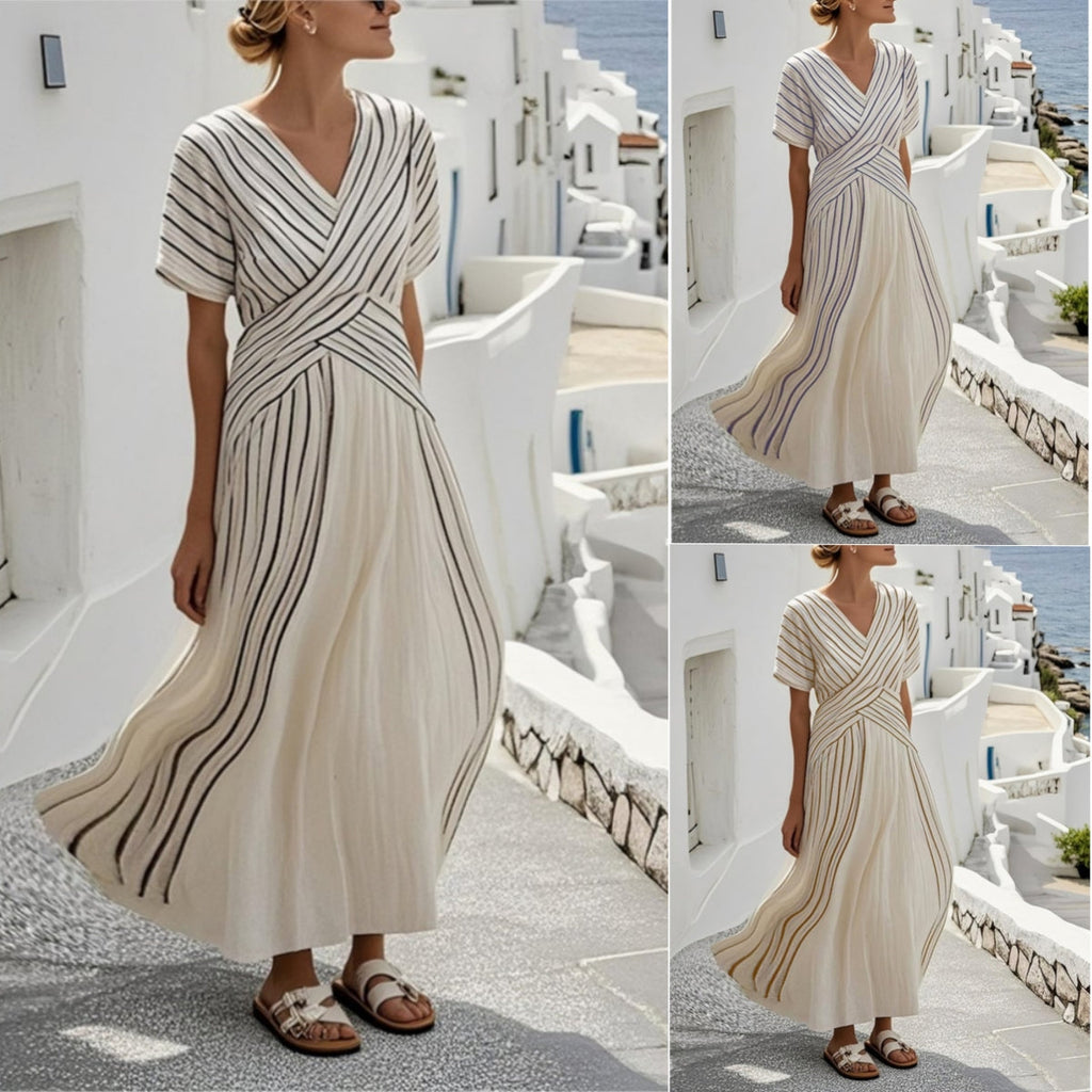 Women’s Loose Fit Striped Printing Dress - Casual Cotton Blend Summer Midi Dress For Daily Wear Holiday Outfit - Womens