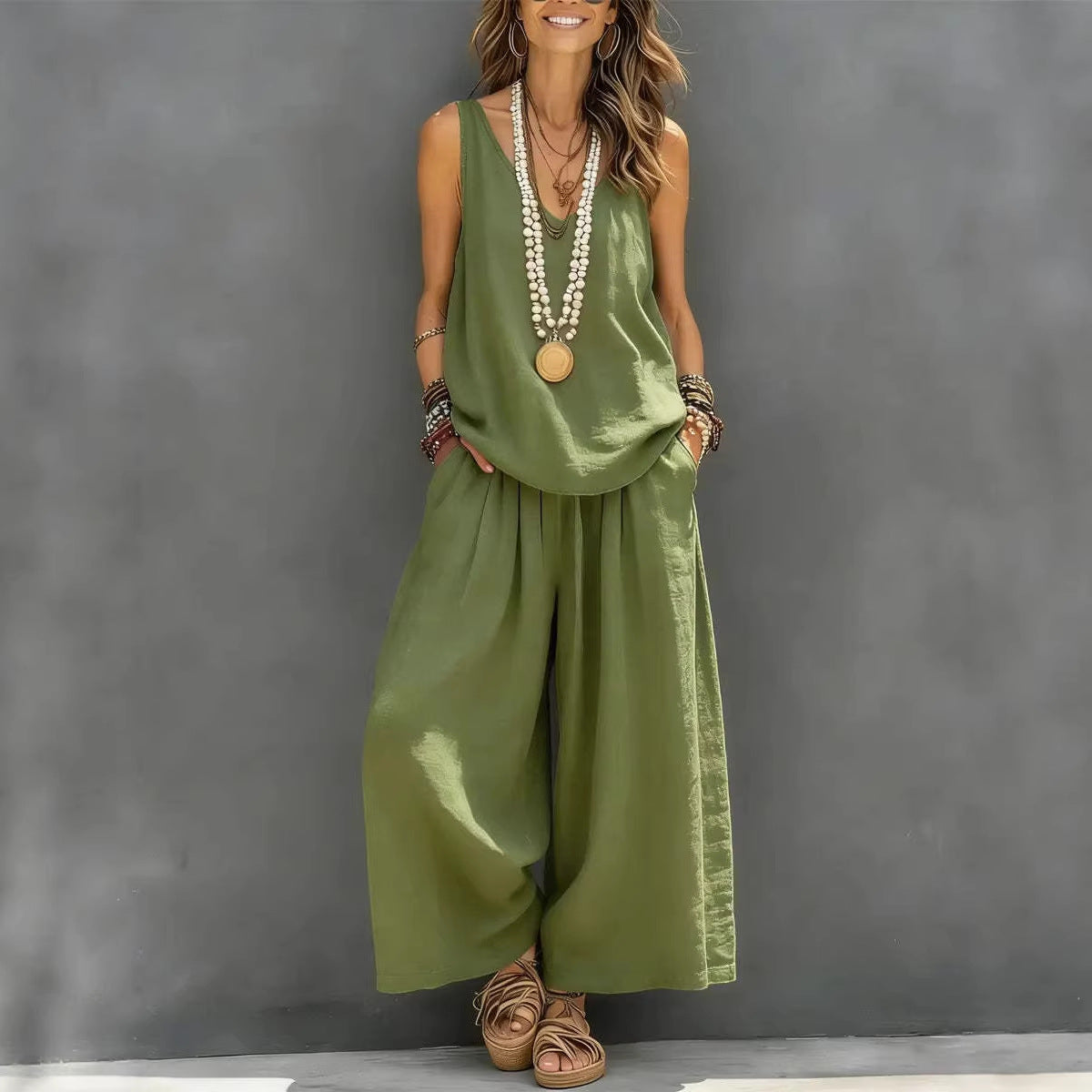 Womens Solid-Colored Casual Sleeveless Tank Top And Wide-Leg Pants Cotton-Linen Set For Daily Wear Holiday Outfit Zweitbild