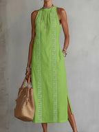 Women’s Halter Neck Sleeveless Dress Lace Patchwork Holiday Style Summer Top - Green / 2XL - Womens Dresses