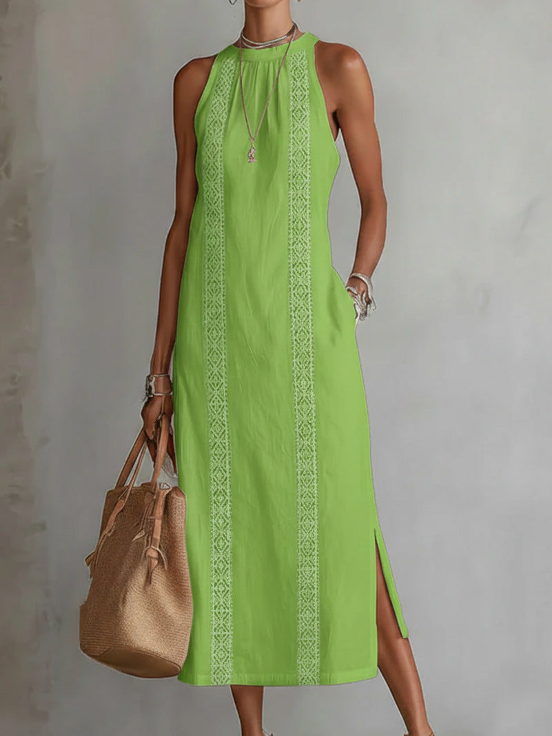 Women’s Halter Neck Sleeveless Dress Lace Patchwork Holiday Style Summer Top - Green / 2XL - Womens Dresses
