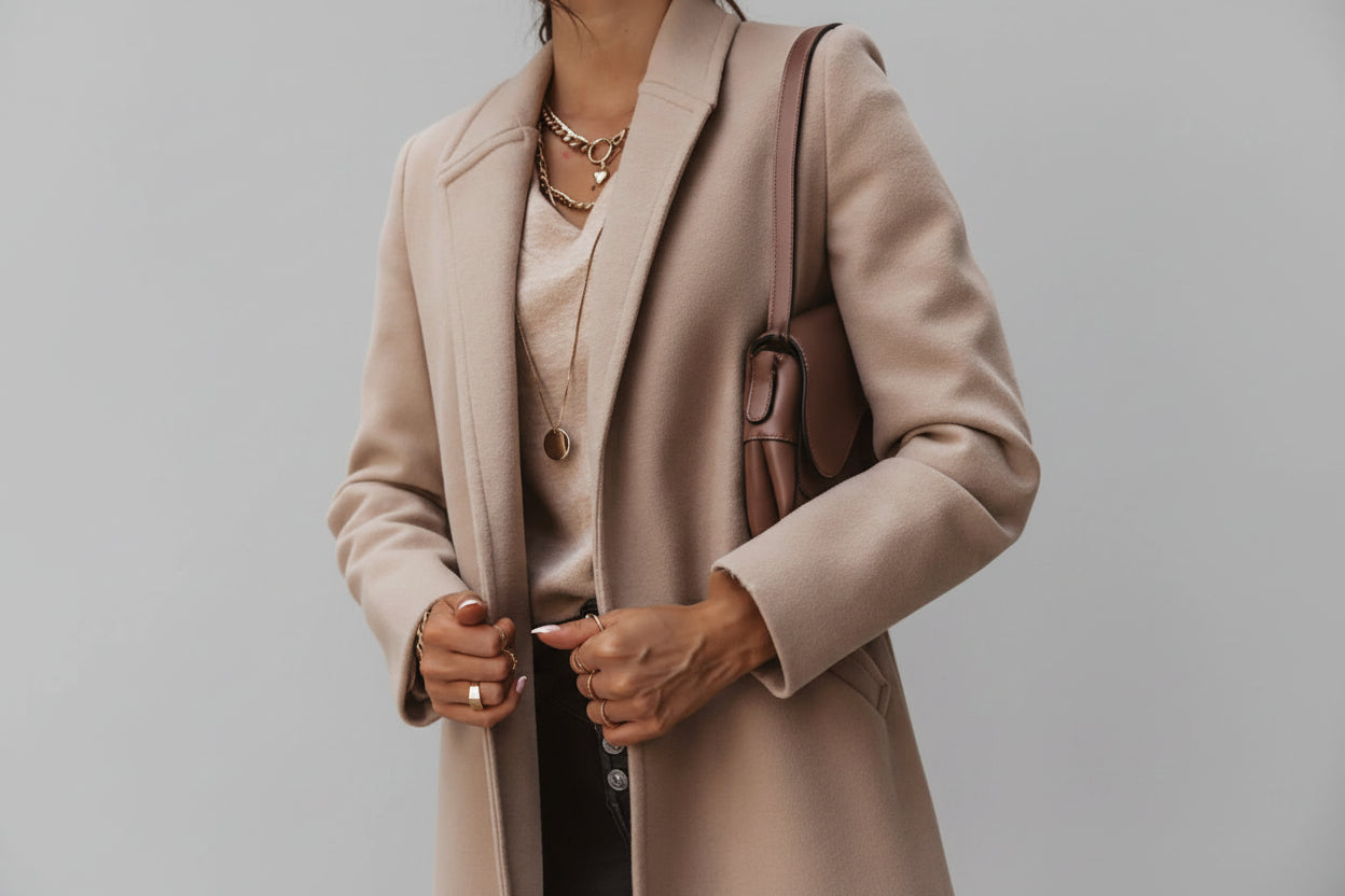 Person wearing a beige coat with a neutral background