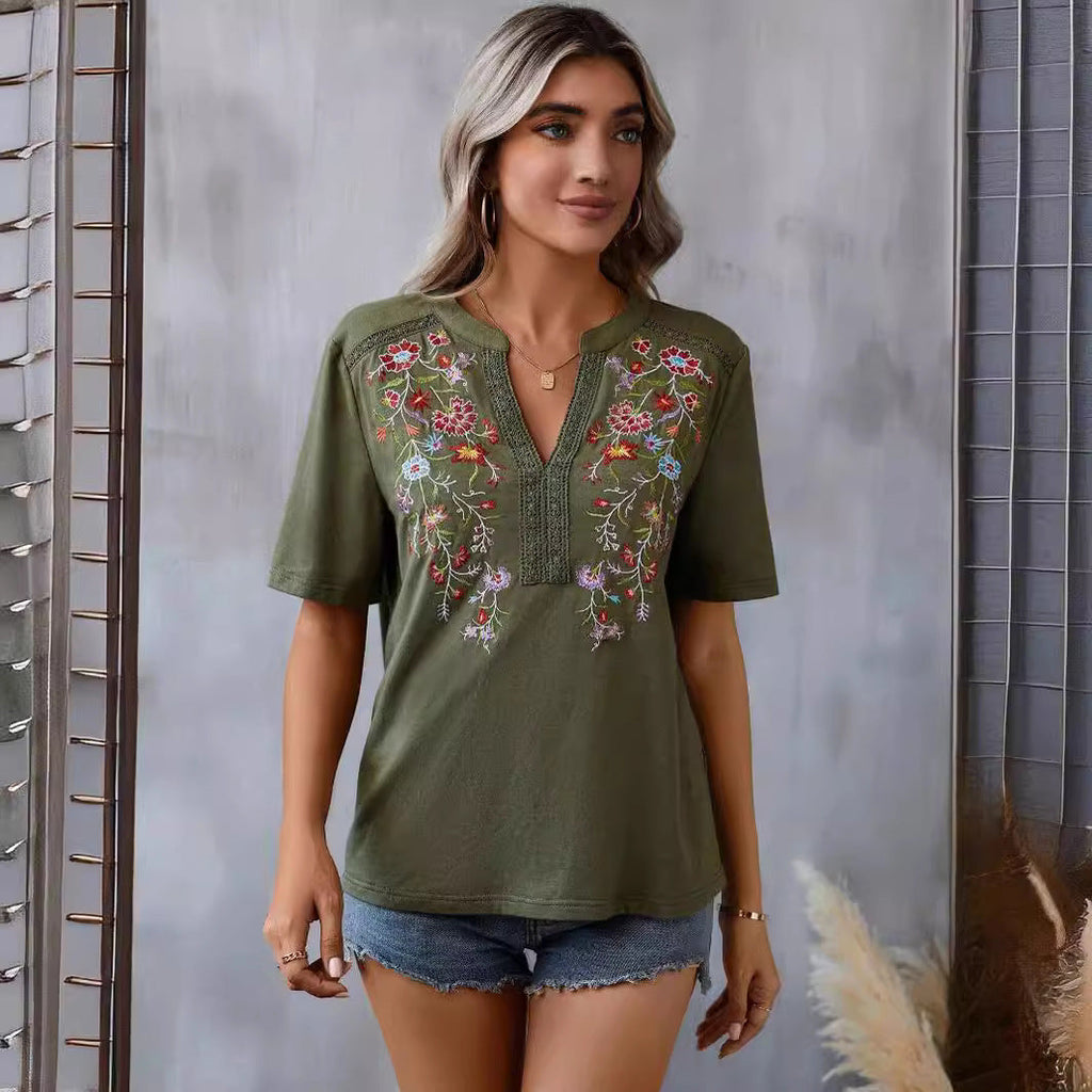 Fashion Flower Embroidered Lace-collared Short Sleeve Summer T-Shirt - Womens Blouses & T-Shirts