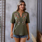 Fashion Flower Embroidered Lace-collared Short Sleeve Summer T-Shirt - Womens Blouses & T-Shirts