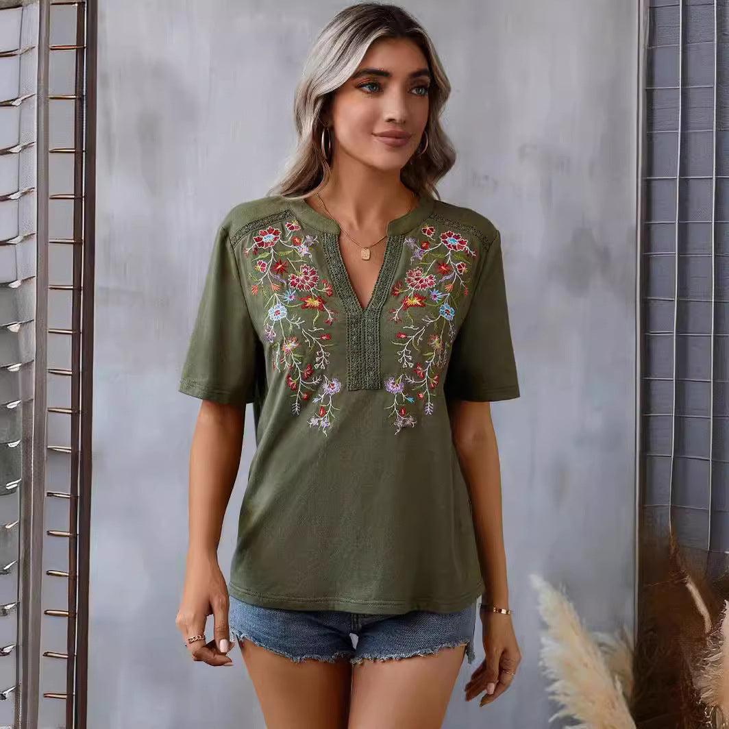 Fashion Flower Embroidered Lace-collared Short Sleeve Summer T-Shirt - Womens Blouses & T-Shirts