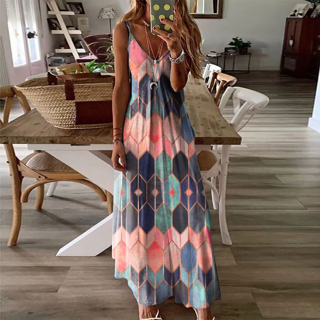 Summer Casual Printed Camisole Long Dress - 3 color / 2XL - Dresses