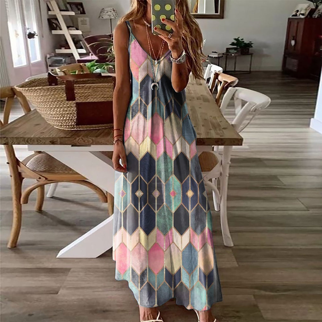 Summer Casual Printed Camisole Long Dress - 7 color / 2XL - Dresses