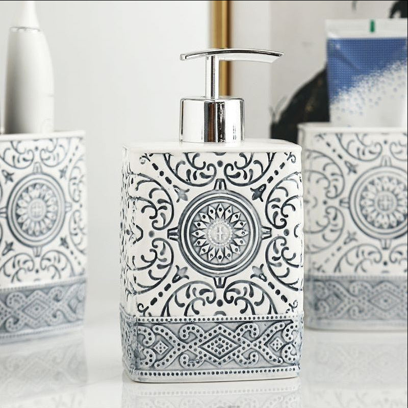 Bohemian Style Ceramic Sanitary Ware Sets - Square Lotion Bottle Gargle Cup Toothbrush Holder - Bathroom Sets