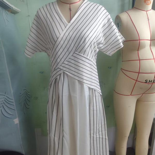 Women’s Loose Fit Striped Printing Dress - Casual Cotton Blend Summer Midi Dress For Daily Wear Holiday Outfit - Womens