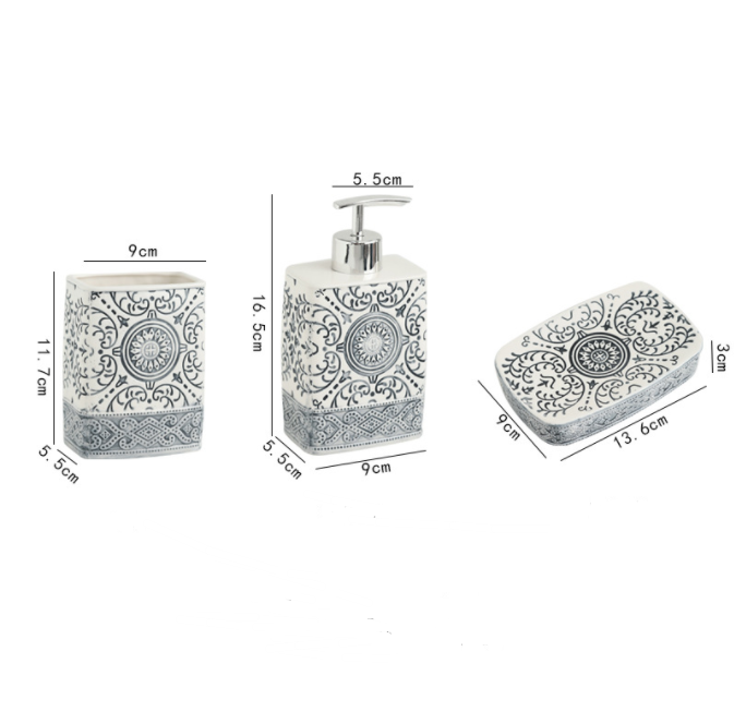 Bohemian Style Ceramic Sanitary Ware Sets - Square Lotion Bottle Gargle Cup Toothbrush Holder - Bathroom Set 3 Piece