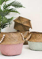 Belly Basket Blue/nat Beads | 28 x 28 x 22 cm