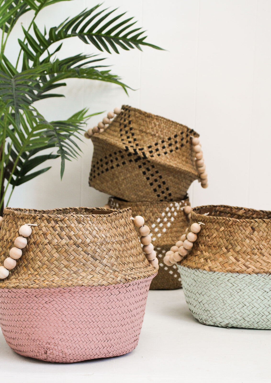 Belly Basket Blue/nat Beads | 28 x 28 x 22 cm