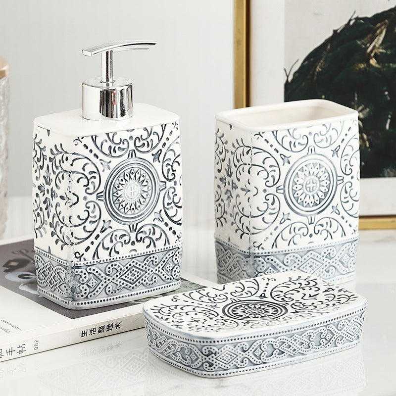Bohemian Style Ceramic Sanitary Ware Sets - Square Lotion Bottle Gargle Cup Toothbrush Holder - Bathroom Sets