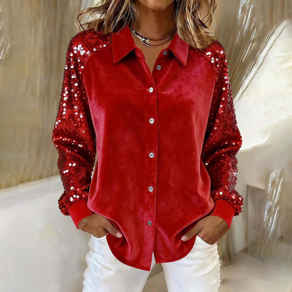Women's Sequinned Long-sleeved Solid Casual Blouse