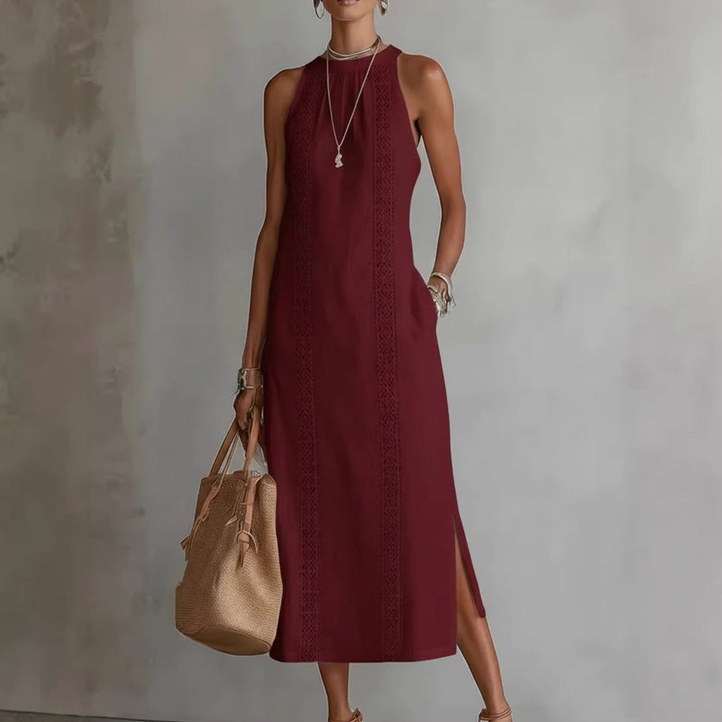 Women’s Halter Neck Sleeveless Dress Lace Patchwork Holiday Style Summer Top - Womens Dresses
