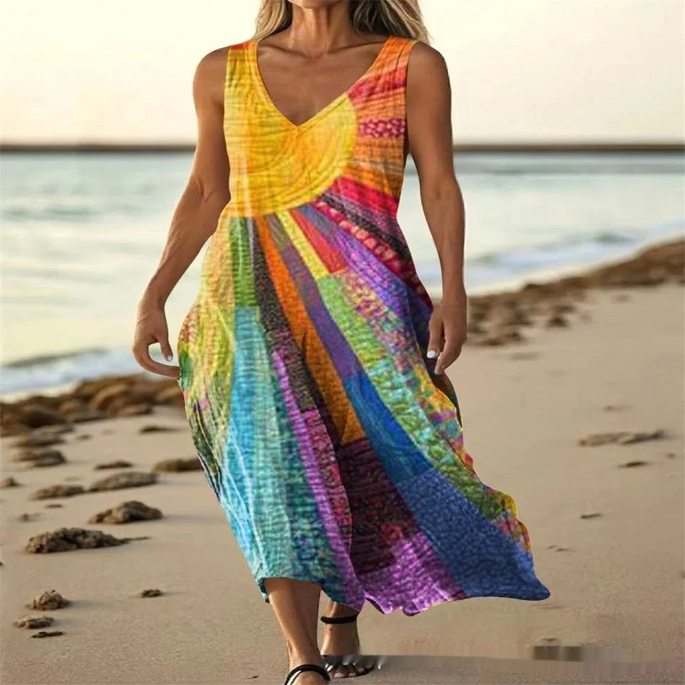 Summer Sleeveless Casual Print Temperament Long Dress - Dresses