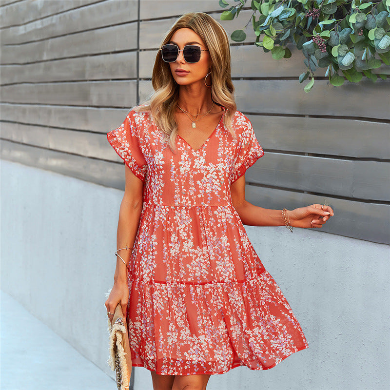 Women Ruffle Loose Short Dress Summer Chiffon Dress - Red / L - Dresses
