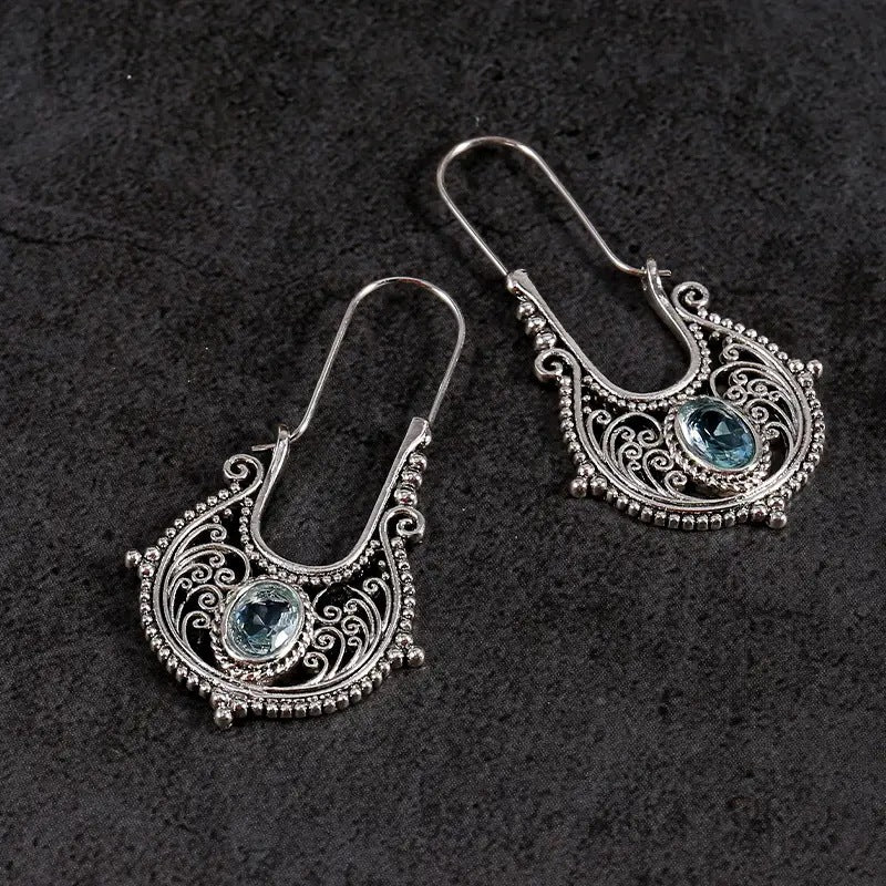 Bohemian Retro Cutout Earrings - Ancient Silver Blue - Earrings