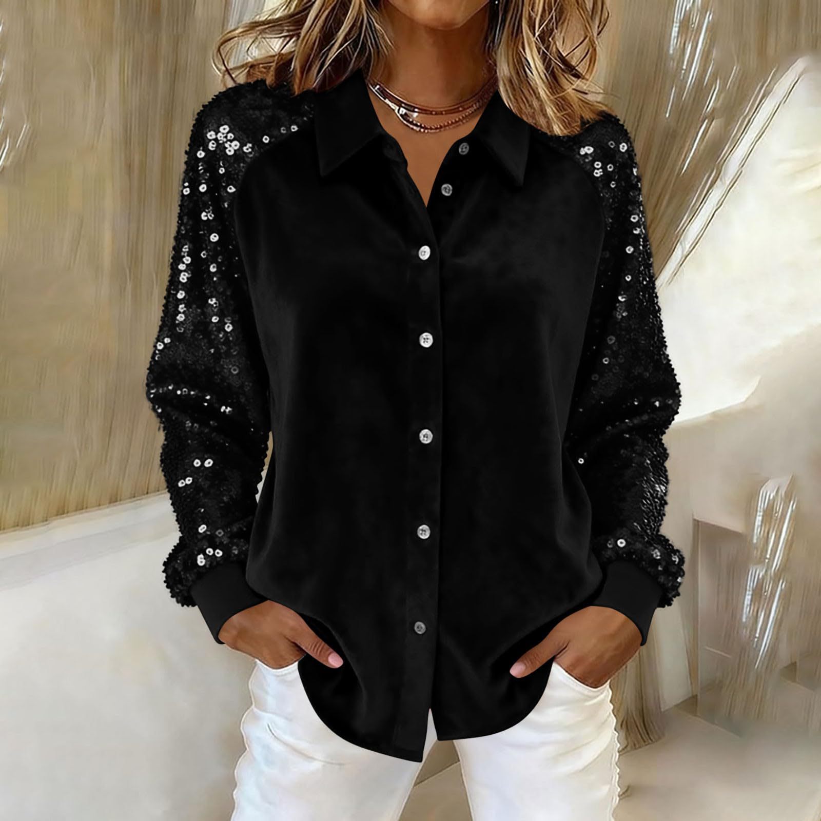 Women's Sequinned Long-sleeved Solid Casual Blouse