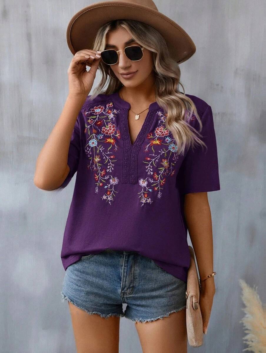 Fashion Flower Embroidered Lace-collared Short Sleeve Summer T-Shirt - Purple / L - Womens Blouses & T-Shirts