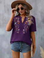 Fashion Flower Embroidered Lace-collared Short Sleeve Summer T-Shirt - Purple / L - Womens Blouses & T-Shirts