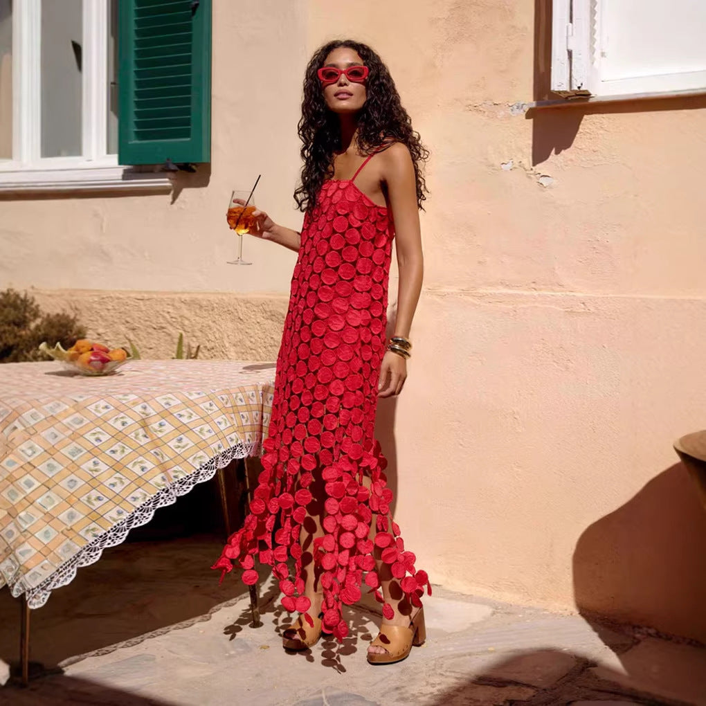 Fashion Hollow-Out Polka Dot Midi Slip Dress - Lightweight Sleeveless Linen-Blend Summer Dress For Women - Red / L