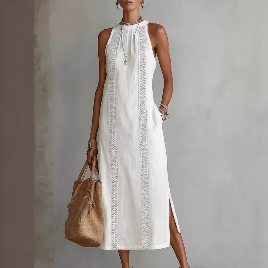 Women’s Halter Neck Sleeveless Dress Lace Patchwork Holiday Style Summer Top - Womens Dresses
