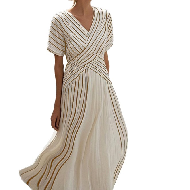Women’s Loose Fit Striped Printing Dress - Casual Cotton Blend Summer Midi Dress For Daily Wear Holiday Outfit - Womens