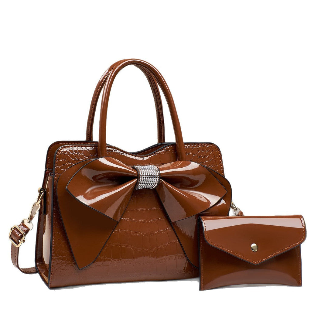 Fashionable Crocodile-Print Bow Bucket Bag Patent Leather Glossy Crossbody Bag - Bags Backpacks & Luggage