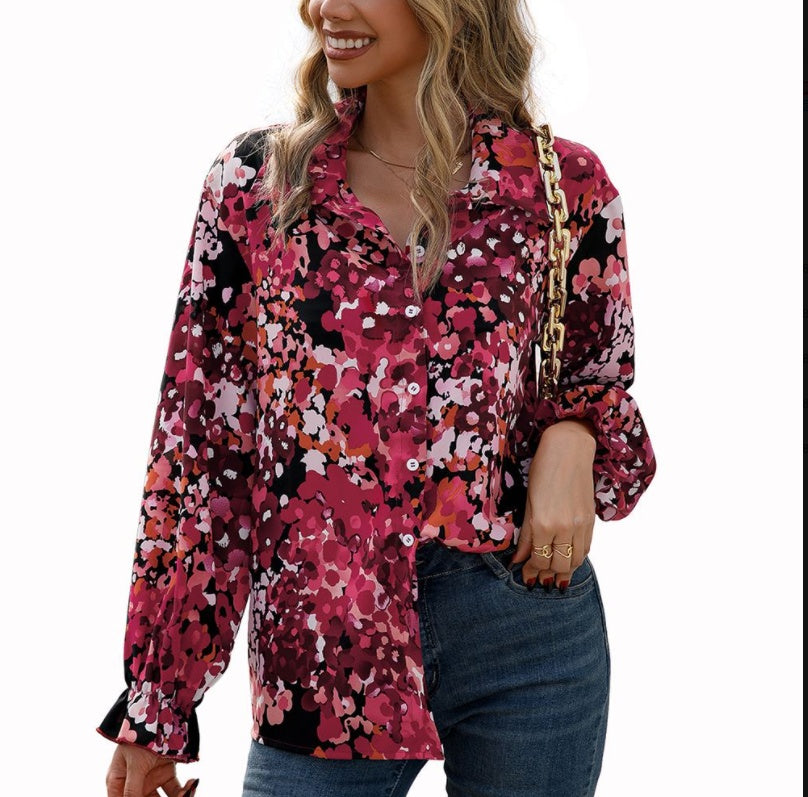 Loose Casual Printed Single-breasted Lapel Shirt