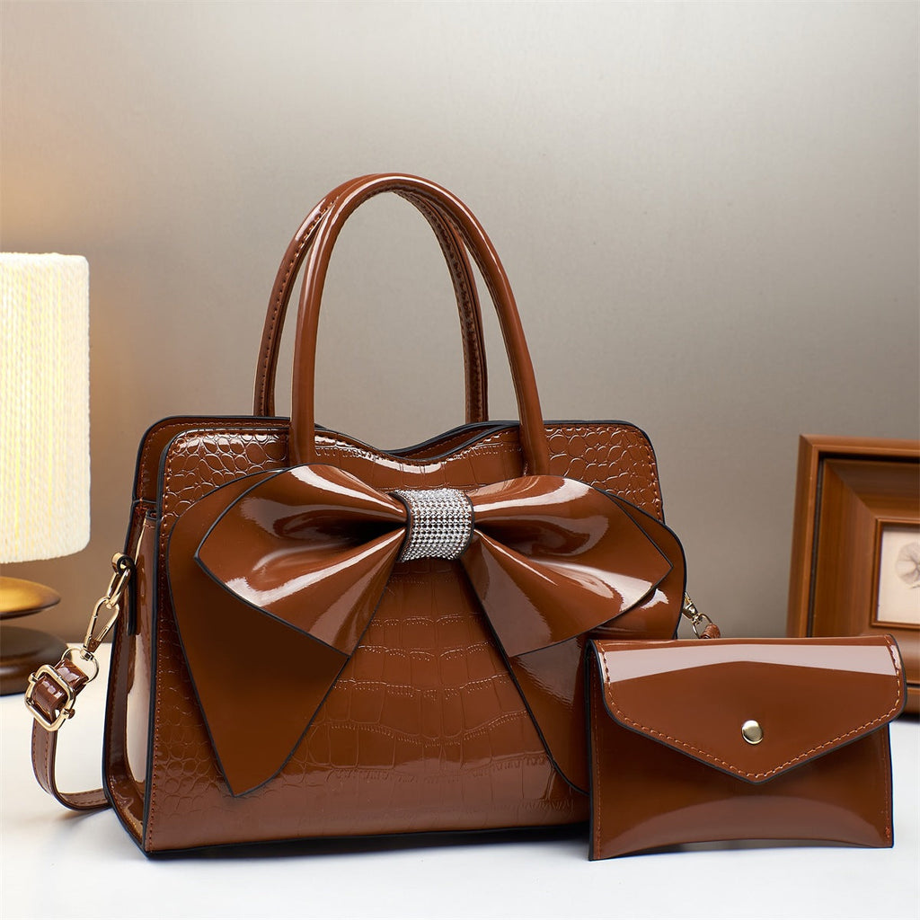 Fashionable Crocodile-Print Bow Bucket Bag Patent Leather Glossy Crossbody Bag - Coffee - Bags Backpacks & Luggage