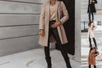 Woman wearing a beige coat, black pants, and boots in an urban setting.