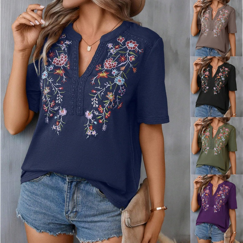 Fashion Flower Embroidered Lace-collared Short Sleeve Summer T-Shirt - Womens Blouses & T-Shirts