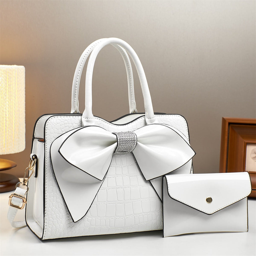 Fashionable Crocodile-Print Bow Bucket Bag Patent Leather Glossy Crossbody Bag - White - Bags Backpacks & Luggage