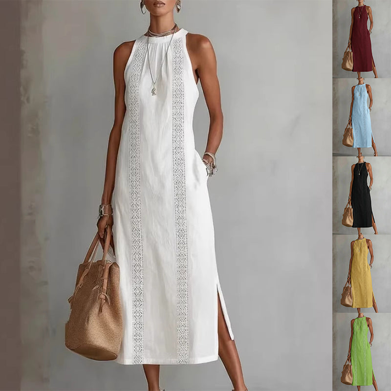 Women’s Halter Neck Sleeveless Dress Lace Patchwork Holiday Style Summer Top - Womens Dresses