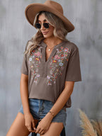 Fashion Flower Embroidered Lace-collared Short Sleeve Summer T-Shirt - Dark Brown / L - Womens Blouses & T-Shirts