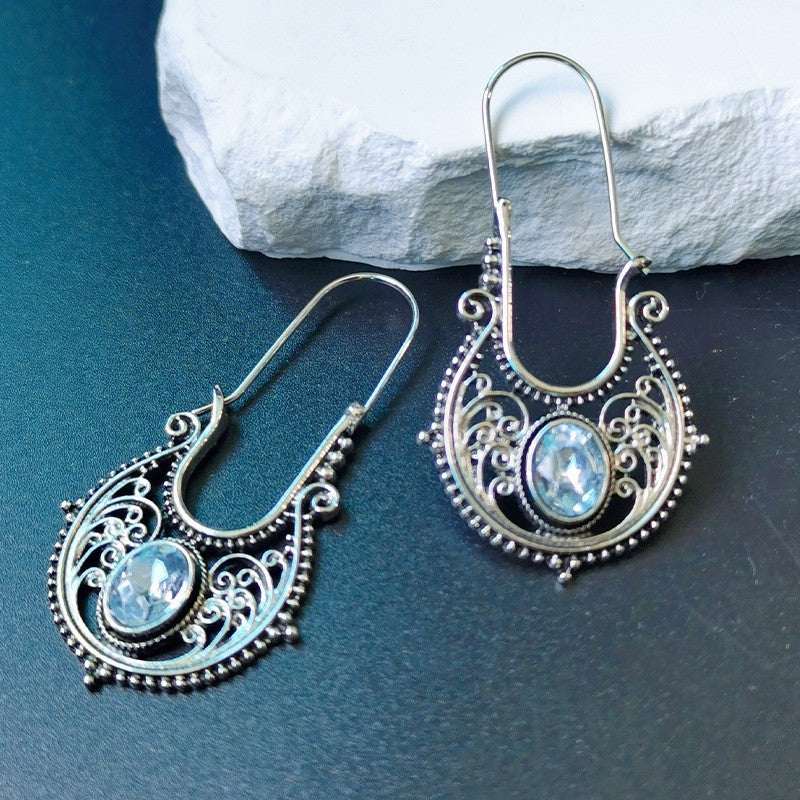 Bohemian Retro Cutout Earrings - Ancient Silver Blue - Earrings
