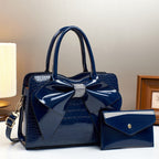 Fashionable Crocodile-Print Bow Bucket Bag Patent Leather Glossy Crossbody Bag - Blue - Bags Backpacks & Luggage