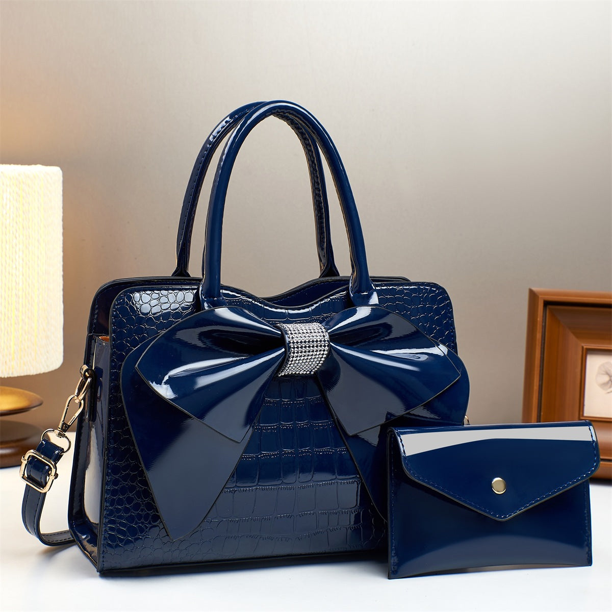 Fashionable Crocodile-Print Bow Bucket Bag Patent Leather Glossy Crossbody Bag - Bags Backpacks & Luggage