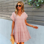 Women Ruffle Loose Short Dress Summer Chiffon Dress - Pink / L - Dresses