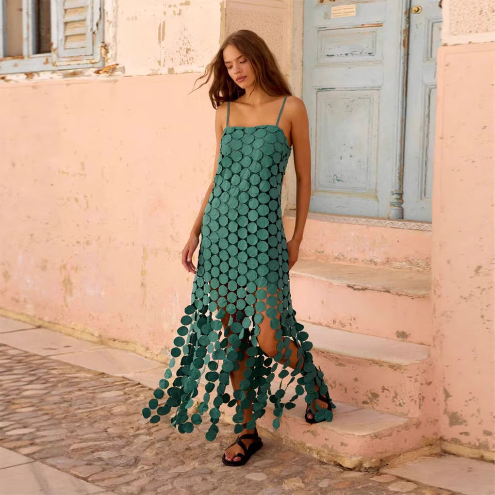Fashion Hollow-Out Polka Dot Midi Slip Dress - Lightweight Sleeveless Linen-Blend Summer Dress For Women - Green / L