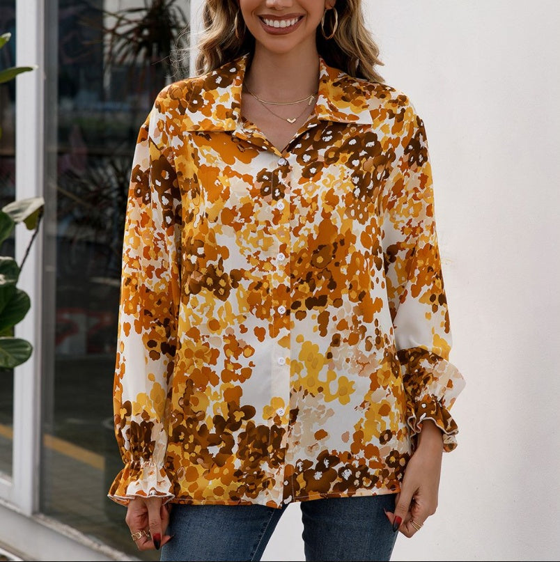 Loose Casual Printed Single-breasted Lapel Shirt