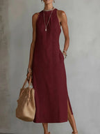 Women’s Halter Neck Sleeveless Dress Lace Patchwork Holiday Style Summer Top - Red / 2XL - Womens Dresses