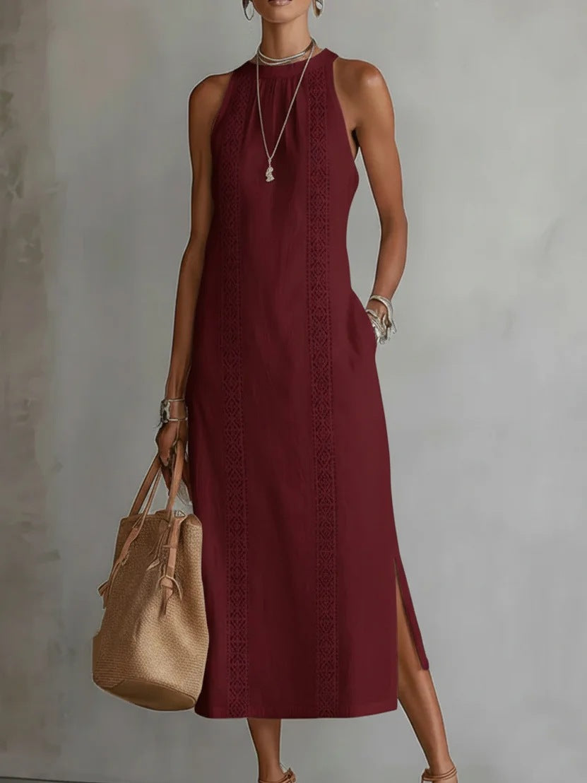 Women’s Halter Neck Sleeveless Dress Lace Patchwork Holiday Style Summer Top - Red / 2XL - Womens Dresses