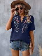 Fashion Flower Embroidered Lace-collared Short Sleeve Summer T-Shirt - Navy Blue / L - Womens Blouses & T-Shirts