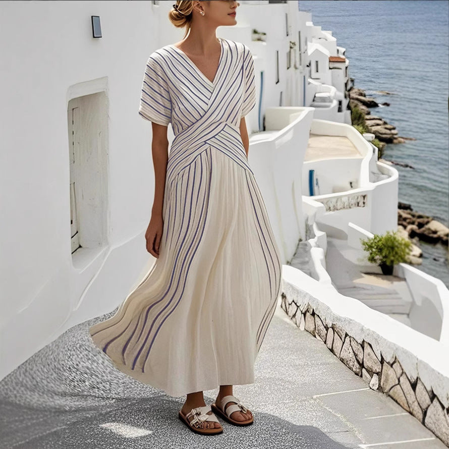 Women’s Loose Fit Striped Printing Dress - Casual Cotton Blend Summer Midi Dress For Daily Wear Holiday Outfit - Womens