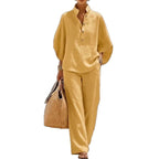Women’s Short-sleeved Suit Summer Loose Pullover Top And Straight-leg Trousers Outfit Clothing - Yellowish Brown / 3XL